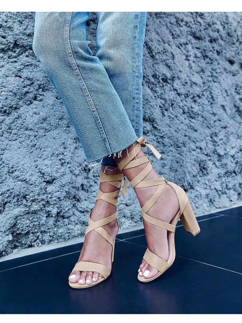Suede Strappy Lace-Up‎ Sandals in Camel
